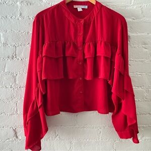 Watermelon Sugar Red Ruffle Button Front Top Blouse Cropped Glam Party Feminine